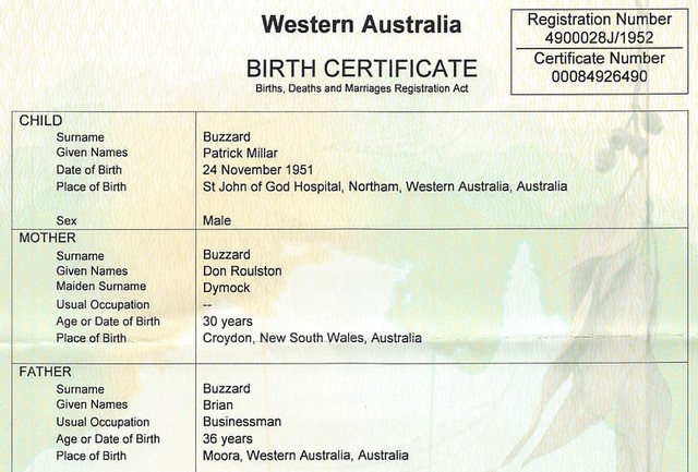 Patrick Millar Buzzard birth certificate